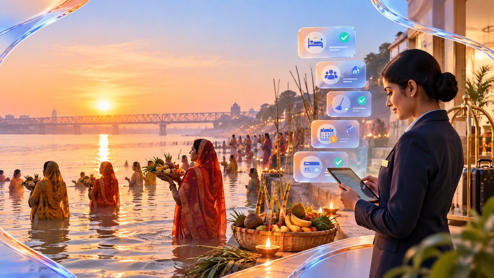 Women offering Chhath Puja evening arghya at a Ganga ghat in Patna at sunset, with baskets of fruit and diyas